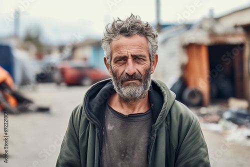 Portrait of an old man with gray hair and beard on the street.