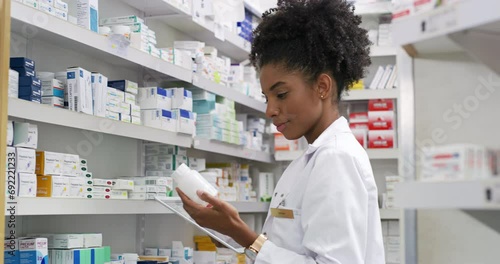 Pharmacist, woman and tablet by pharmacy shelf, medicine research and inventory management of sales or price. Professional worker or face of doctor typing on digital technology for medical store data photo