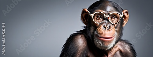 Studio portrait of a chimpanzee wearing glasses on a simple and colorful background. Creative animal concept, chimpanzee on a uniform background for design and advertising. © 360VP