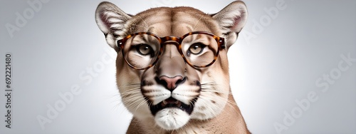 Studio portrait of a cougar wearing glasses on a simple and colorful background. Creative animal concept, cougar on a uniform background for design and advertising.