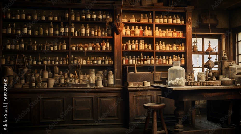 A forgotten, vintage pharmacy with faded signage and weathered bottles lining dusty shelves. The soft light hints at forgotten remedies.
