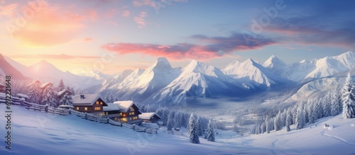 Beautiful view of snow covered houses in village Majestic mountain range against cloudy sky during sunset Holiday homes in alpine region during winter. Copy space image © Ilgun