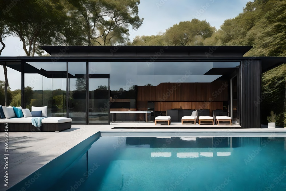 Generate an image showcasing a contemporary pool house with a geometrically designed pool, complemented by sleek furniture and a panoramic view of the horizon - obrazy, fototapety, plakaty 