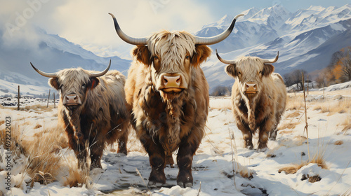 Herd of red brown Scottish highlanders in a natural winter landscape. Generative Ai photo