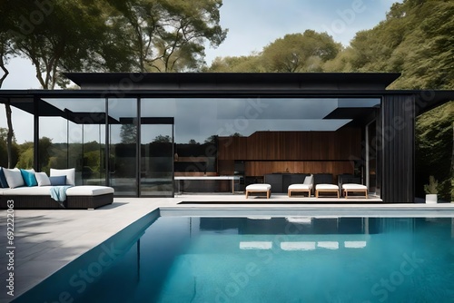 Generate an image showcasing a contemporary pool house with a geometrically designed pool, complemented by sleek furniture and a panoramic view of the horizon photo