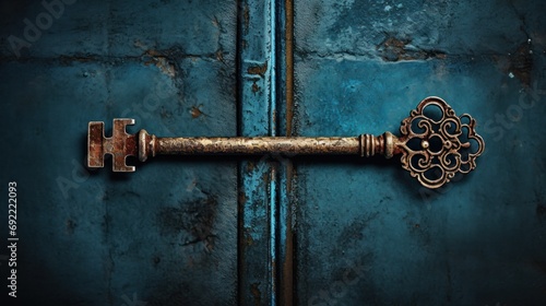 A close up of a rusty old key on the side of an antique door, AI