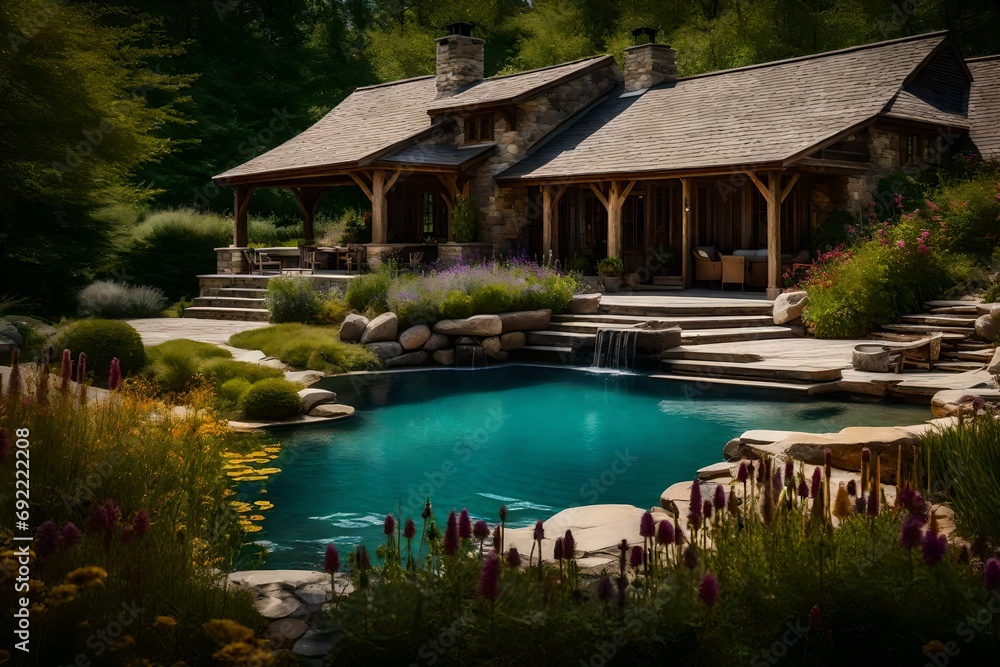 Craft an image featuring a rustic pool house overlooking a serene pond-like pool, surrounded by wildflowers and stone pathways leading to the water's edge Craft an image featuring a rustic pool house overlooking a serene pond-like pool, surrounded by wildflowers and stone pathways leading to the water's edge
