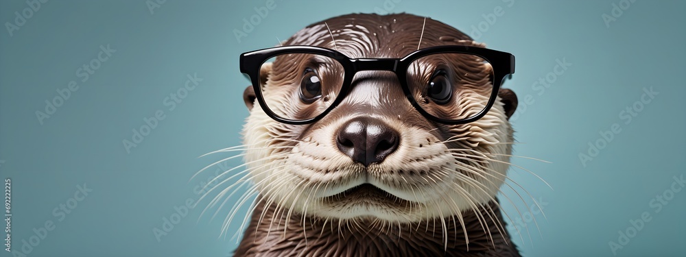 Studio portrait of a otter wearing glasses on a simple and colorful background. Creative animal concept, otter on a uniform background for design and advertising.