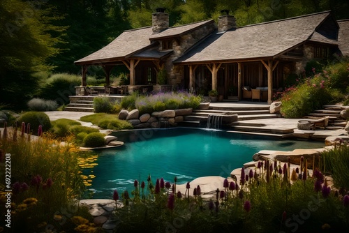 Craft an image featuring a rustic pool house overlooking a serene pond-like pool  surrounded by wildflowers and stone pathways leading to the water s edge