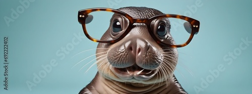 Studio portrait of a platypus wearing glasses on a simple and colorful background. Creative animal concept, platypus on a uniform background for design and advertising.
