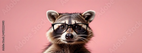 Studio portrait of a raccoon wearing glasses on a simple and colorful background. Creative animal concept, raccoon on a uniform background for design and advertising. photo