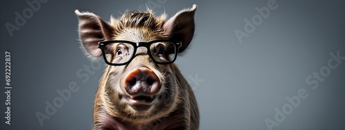 Studio portrait of a boar wearing glasses on a simple and colorful background. Creative animal concept  boar on a uniform background for design and advertising.
