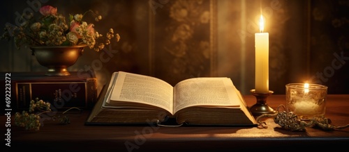 Antique Holy Bible sacred Christian religious book and rare old prayer books with vintage magnifier for religion and gospel study lit by soft glowing candle light. Copy space image photo
