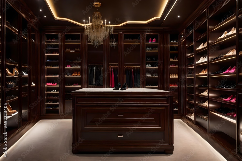 Craft an image portraying a luxurious walk-in closet with sleek ...