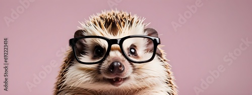 Studio portrait of a hedgehog wearing glasses on a simple and colorful background. Creative animal concept  hedgehog on a uniform background for design and advertising.