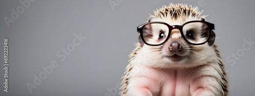 Studio portrait of a hedgehog wearing glasses on a simple and colorful background. Creative animal concept, hedgehog on a uniform background for design and advertising.