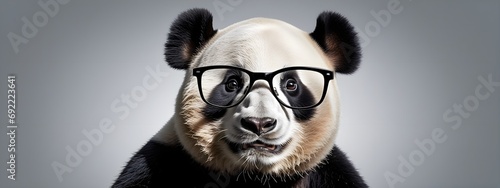 Studio portrait of a panda wearing glasses on a simple and colorful background. Creative animal concept  panda on a uniform background for design and advertising.