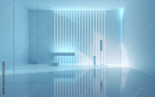 minimalistic blue background for presentation. A light blue wall in the interior with beautiful built-in lighting and a smooth floor.