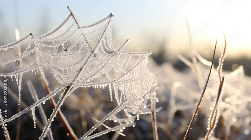 early morning fog,frost in the field,frost on green plants,spring background of fog and frost,cobwebs in the frost