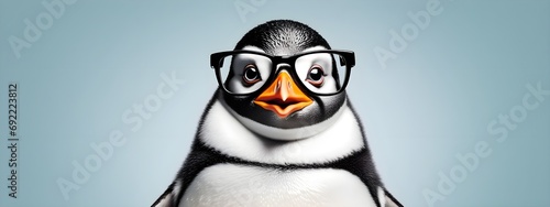 Studio portrait of a penguin wearing glasses on a simple and colorful background. Creative animal concept, penguin on a uniform background for design and advertising. photo