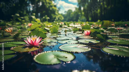 Pink lotus flowers, water lilies close-up on water surface,  macro, selective focus, blurred green leaf background. Floral background. Aquatic plants photo