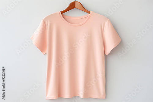 Mock up of peach fuzz color plain t-shirt on a hanger. Advertisement for clothing. Color of the 2024 year. White background. Copy space.
