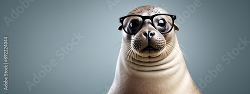 Studio portrait of a fur seal wearing glasses on a simple and colorful background. Creative animal concept, fur seal on a uniform background for design and advertising.