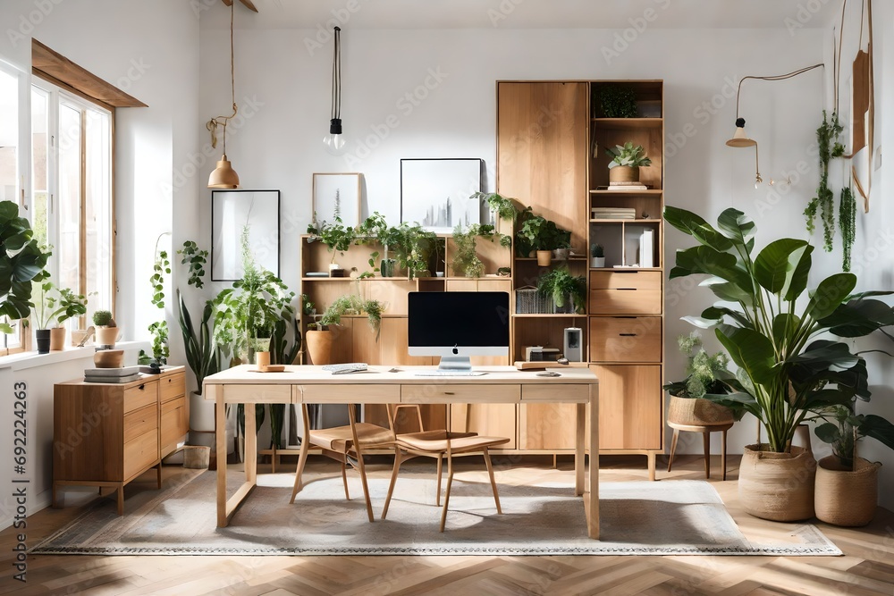 Generate an image portraying a Scandinavian-inspired home office with clean lines, natural wood tones, and a curated selection of indoor plants