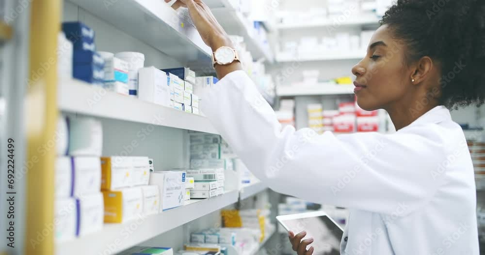 Pharmacy, stock and woman pharmacist with tablet, medicine or search for information, label or inspection. Pharma, retail and female doctor with box, pills or check, inventory or store management