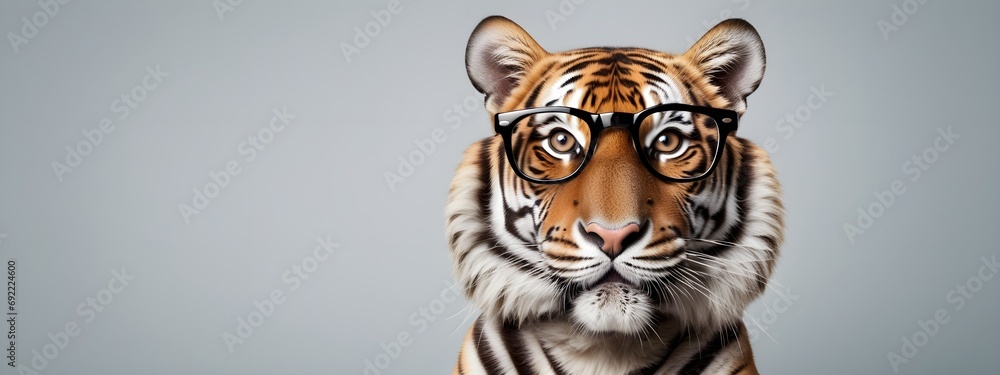 Studio portrait of a tiger wearing glasses on a simple and colorful background. Creative animal concept, tiger on a uniform background for design and advertising.