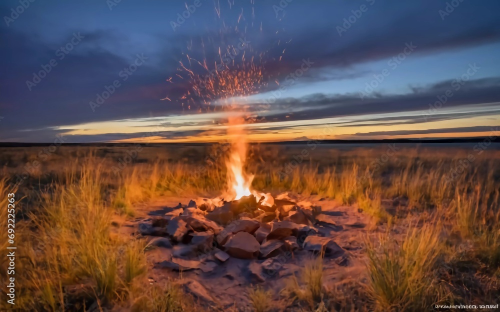 Obraz premium Fiery Serenity: Witness the Mesmerizing Campfire Against a Breathtaking Backdrop!
