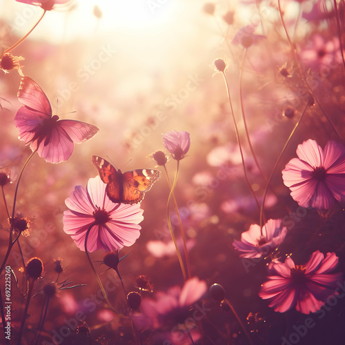 Wild Pink Flowers Bathed in Sunlight in Field and Two Fluttering © filicci