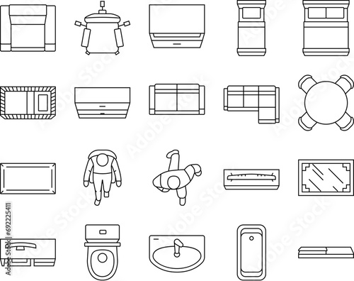 floor plan interior furniture icons set vector. architecture home, house design, room, construction, project view, apartment floor plan interior furniture black contour illustrations