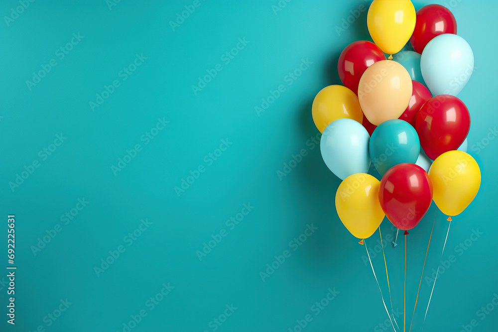 Interior with blue and silver balloons, gift boxes. Pastel glossy composition with empty space for birthday, party or other promotion social media banners, text. Interior with blue and silver balloons, gift boxes. Pastel glossy composition with empty space for birthday, party or other promotion social media banners, text.