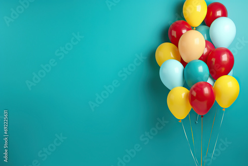 Interior with blue and silver balloons, gift boxes. Pastel glossy composition with empty space for birthday, party or other promotion social media banners, text.