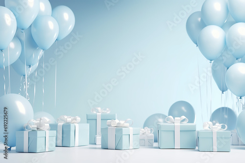 Interior with blue and silver balloons, gift boxes. Pastel glossy composition with empty space for birthday, party or other promotion social media banners, text. 