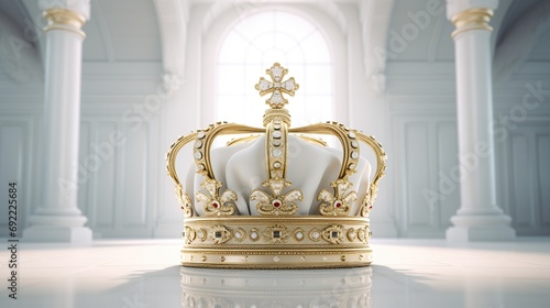 3d rendered royal golden crown with glass diamonds on white palace balcony in the background photo
