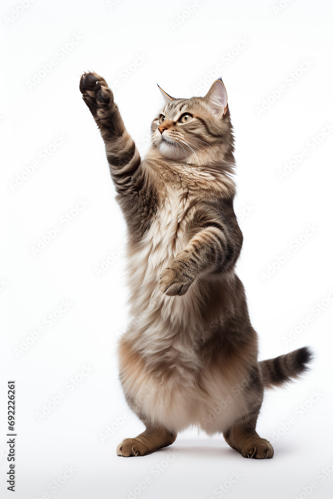 Obraz premium Studio portrait of tabby cat standing on back two legs with paws up against white isolated background.