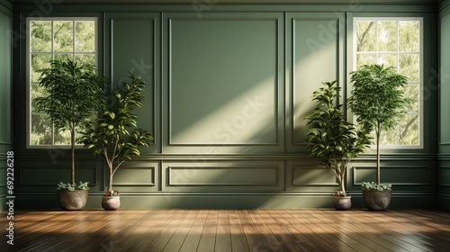 Green classic interior with blank wall, wooden floor and two ornamental plants. 3d rendering. photo