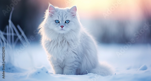 Beautiful white fluffy turkish angora cat on snow background photo