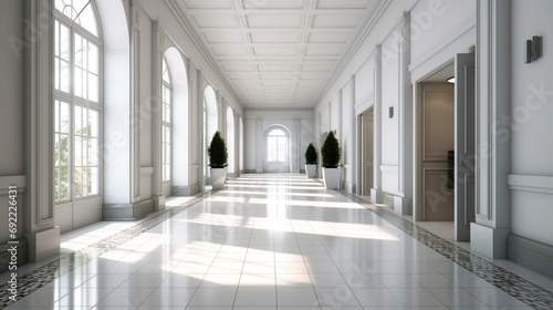 Interior of a long hallway with open doors, clean shiny floors and white walls in a luxury apartment or hotel © meta