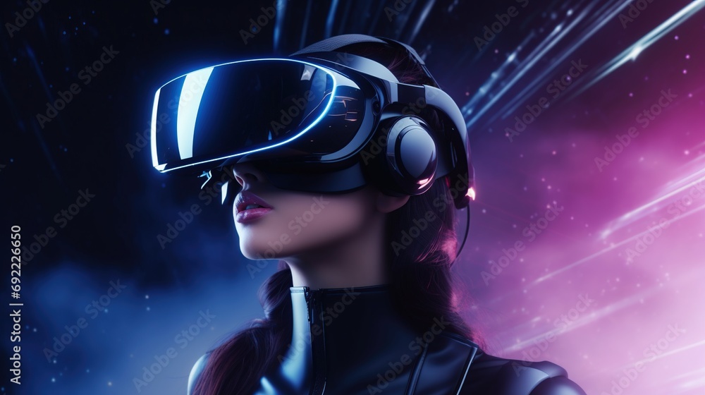 Futuristic Female Avatar With Vr Glasses And Headset In 3d Background. woman using VR glasses in colorful Futuristic Female Avatar With Vr Glasses And Headset In 3d Background. woman using VR glasses in colorful
