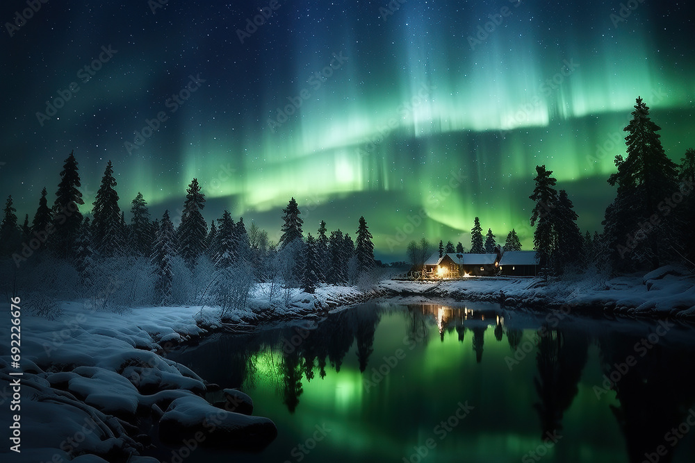 Aurora borealis over the frosty forest in Finland. Green northern lights above mountains. Night nature landscape with polar lights. winter landscape with aurora.