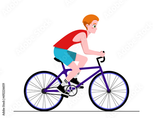 Person riding bicycle. Happy teenage boy cycling on bike. Young character in sportswear doing sports. Activity and healthy lifestyle. Cartoon flat vector illustration isolated on white background © Rudzhan