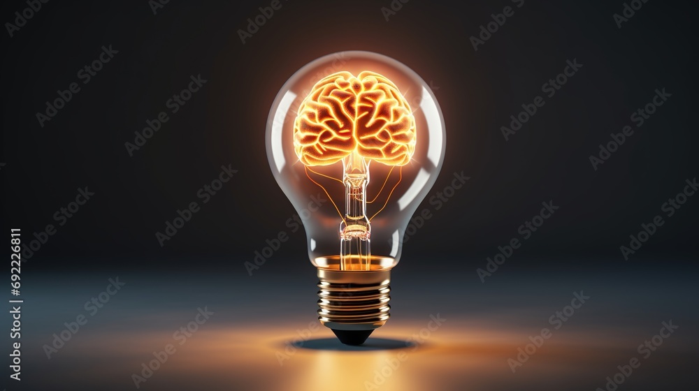 Light Bulb Illuminates 3d Rendered Artificial Intelligence Brain on black Background. idea concept image Light Bulb Illuminates 3d Rendered Artificial Intelligence Brain on black Background. idea concept image