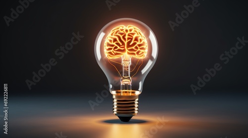 Light Bulb Illuminates 3d Rendered Artificial Intelligence Brain on black Background. idea concept image