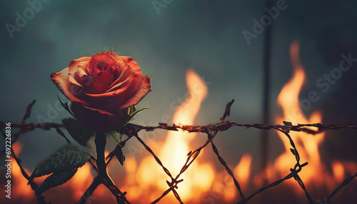 rose wrapped in barbed wire fence and the fire burning behind