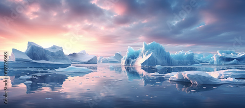 Iceberg at sunset. Nature and landscapes of Greenland. Disko bay. Summer Midnight Sun and icebergs. photo