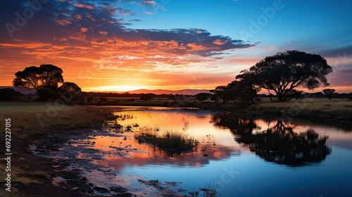 A beautiful view of sunset or sunrise over a lake in spring with a cloudy sky