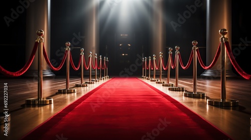 red carpet and barriers inside a large pillared building. photo